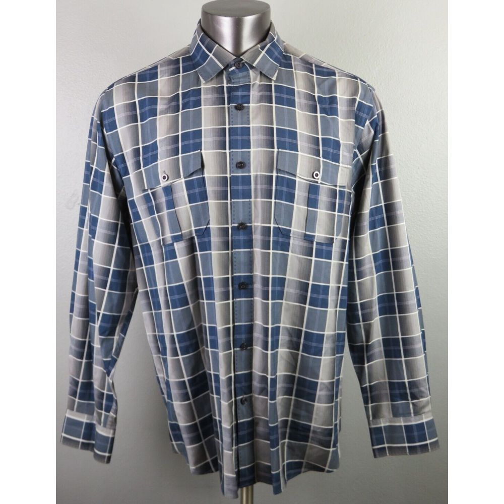 Mens Tommy Bahama Long Sleeve Button Front Shirt Blue Gray White Silk Size L